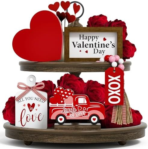 Valentine's Day Tiered Tray Decor Set - 5 Pcs Heart Wooden Signs XOXO Bead Garland, Valentines Da... | Amazon (US)