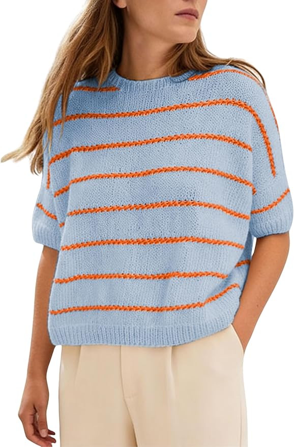 QIBABU Womens Short Sleeve Striped Sweater Top Casual Crewneck Lightweight Shirt Spring Summer Cr... | Amazon (US)