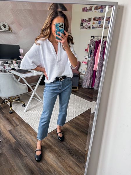 Abercrombie ankle straight jeans - great denim under $100! 

Black Mary Jane ballet flats // white polo sweatshirt // black and gold belt // spring outfit // casual workwear outfit 

#LTKStyleTip #LTKFindsUnder100 #LTKShoeCrush