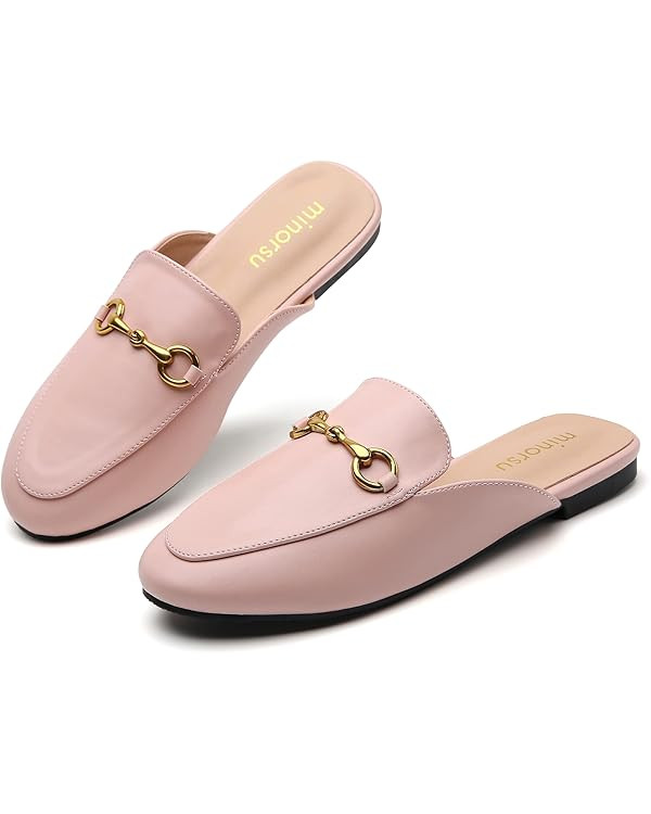 Buckle Mules for Women Round Toe Backless Flat Mules Slides Mules Shoes Ladies Slip-on Loafers | Amazon (US)