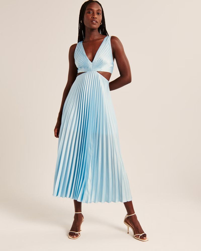 Satin Pleated Cutout Maxi Dress | Light Blue Dress | Winter Wedding Guest Dress  | Abercrombie & Fitch (US)