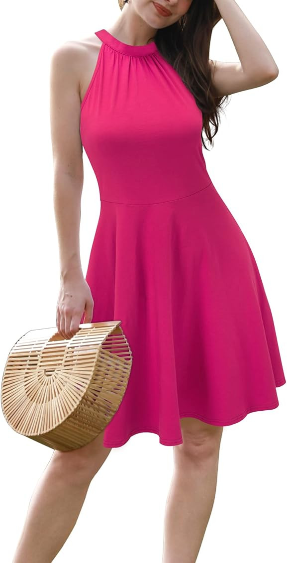 OUGES Women's Stand Collar Off Shoulder Sleeveless Cotton Casual Dress | Amazon (US)