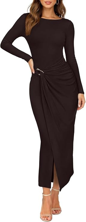 REORIA Womens Long Sleeve Boat Neck Wedding Guest Midi Dresses Fall | Bodycon Long Dress,Ruched,C... | Amazon (US)