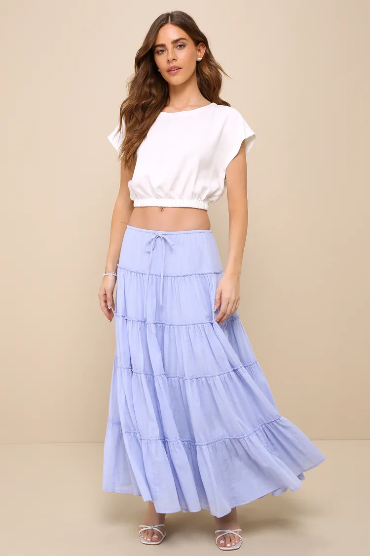 Relaxed Charm Periwinkle Gauzy Tiered Drawstring Maxi Skirt | Lulus