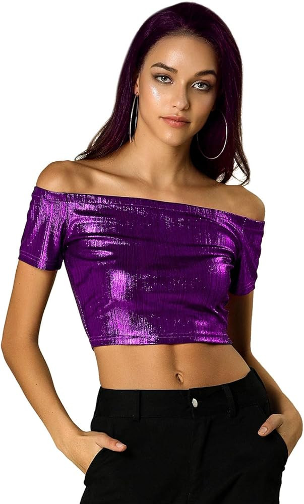 Allegra K Women's Halloween Off Shoulder Party Club Slim Fit Shiny Metallic Crop Top | Amazon (US)