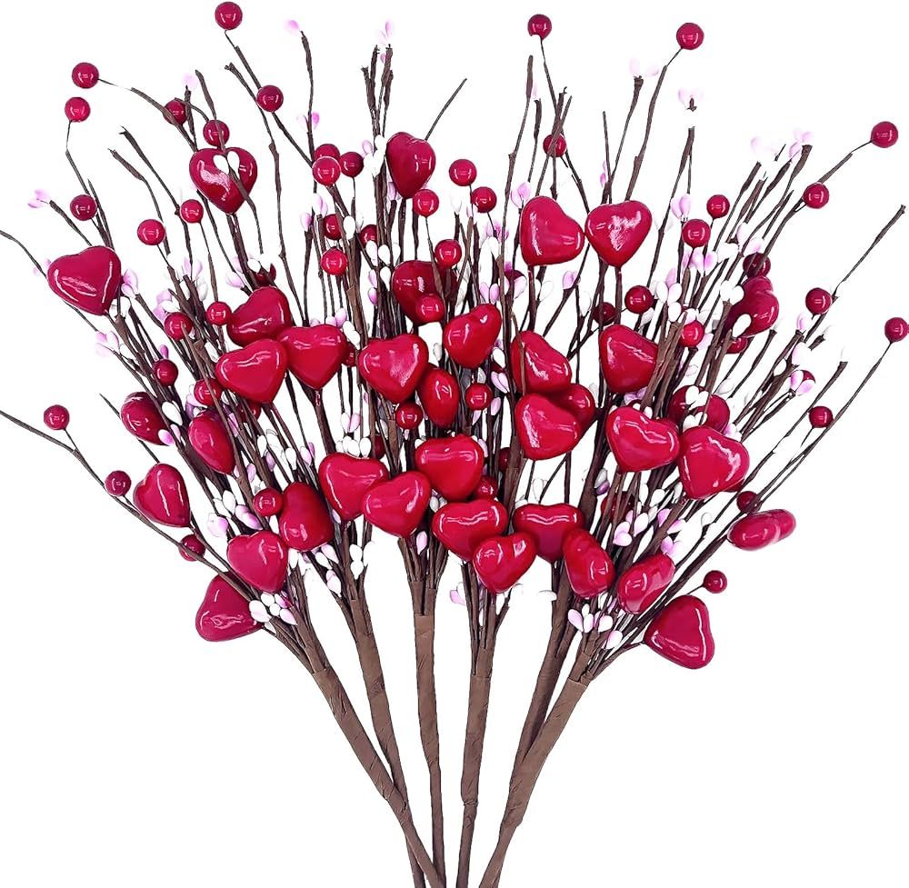 YOSICHY Valentine’s Day Gifts,6 Pcs Artificial Red Berry Flower Stems Pink Heart Shaped Berry P... | Amazon (US)