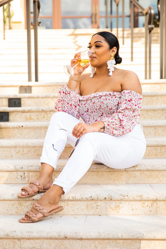 See The Light Pink Smocked Off The Shoulder Floral Blouse | The Pink Lily Boutique