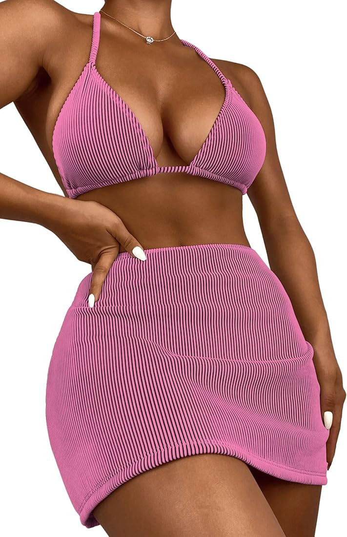 SweatyRocks Women's 3 Piece Zebra Striped Bikini Swimsuit Set & Beach Skirt Set Bathing Suit | Amazon (US)