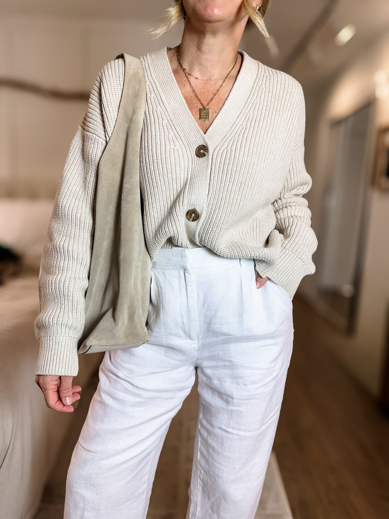 Mediums in everything and the pants are SO soft and double lined all the way down! I love the trouser style with the waist, pleats and pockets and the elastic back is a game changer. The 100% cardigan is perfect to wear as shown or over your shoulders throughout the summer in case it gets chilly at the beach or in the restaurants!

#QuincePartner @Quince 

#LTKPetite #LTKootd #LTKMidsize