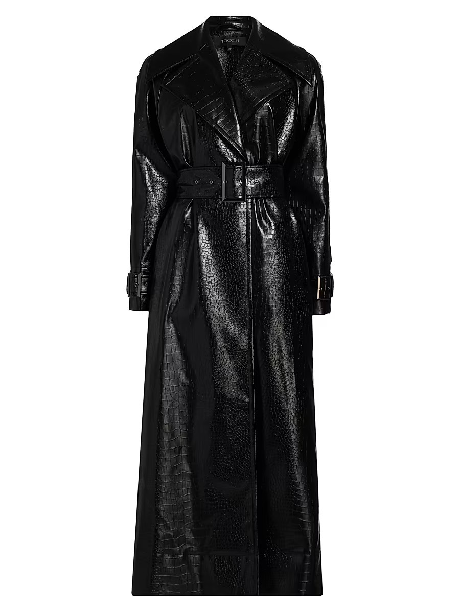 Women's Chloe Croc-Embossed Faux Leather Trench Coat - Jet - Size Large | Saks Fifth Avenue