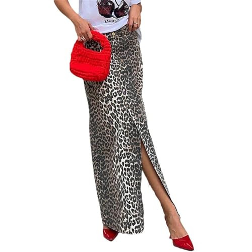 Hesaco Denim Skirt Leopard Print Skirts for Women, Y2k High Waisted Denim Maxi Skirt Split Skirt, Streetwear Club Dress (Light,M,Medium) | Amazon (US)