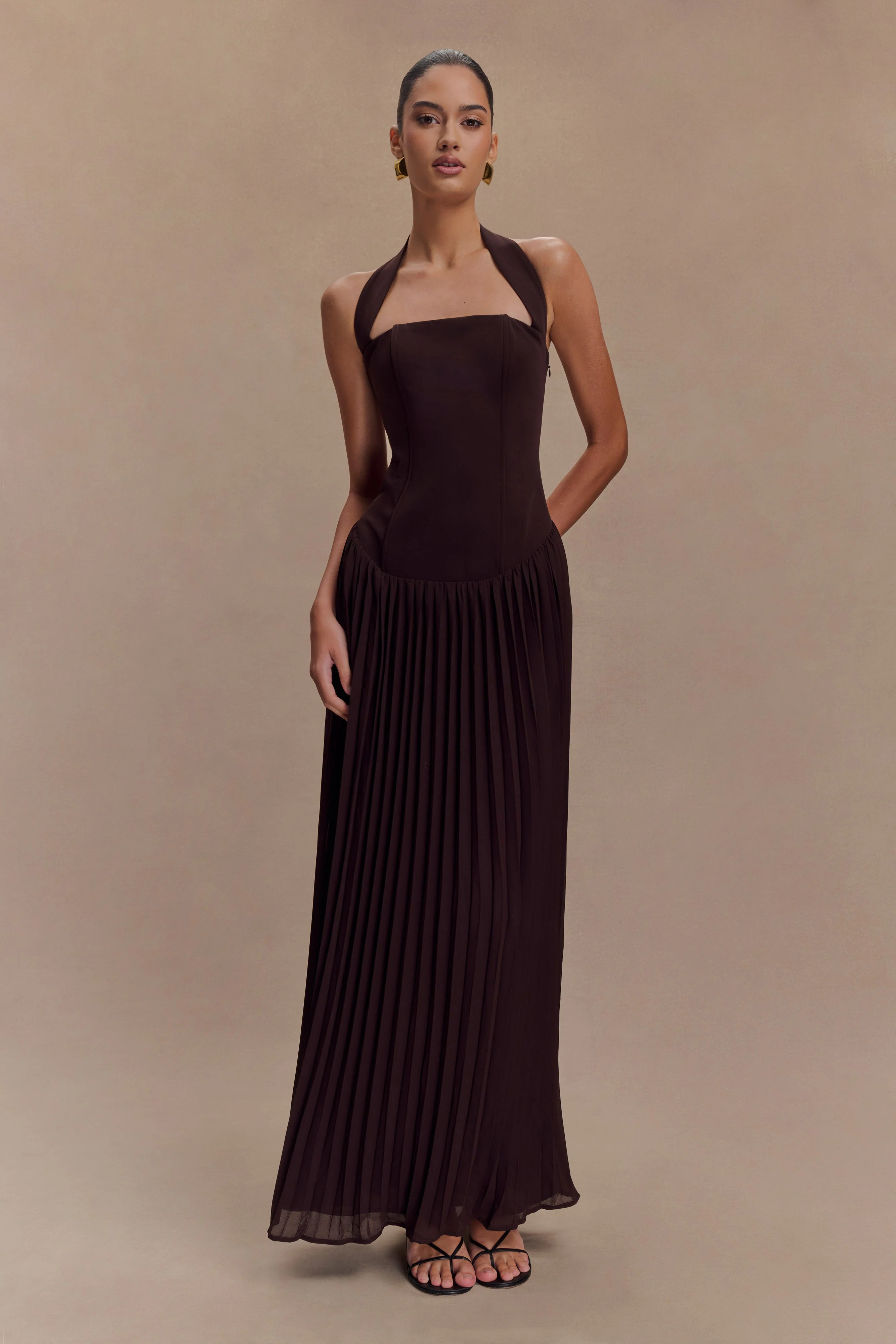 Pleated Halter Maxi Dress - Cacao | MESHKI US