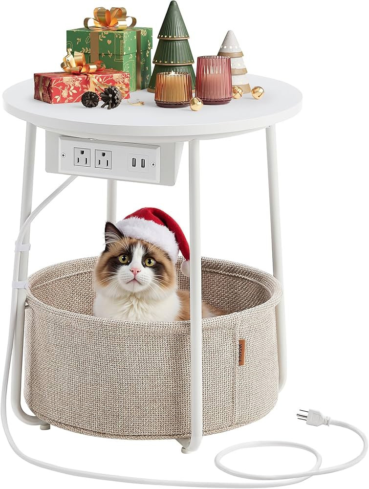 VASAGLE Side Table with Charging Station, Round End Table With Fabric Basket, Nightstand with Pow... | Amazon (US)