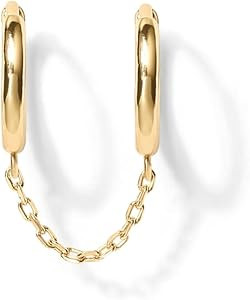 PAVOI 14K Gold Chain Earrings for Women | Double Piercing Dangle Chain Huggie Hoop Earrings | Cub... | Amazon (US)