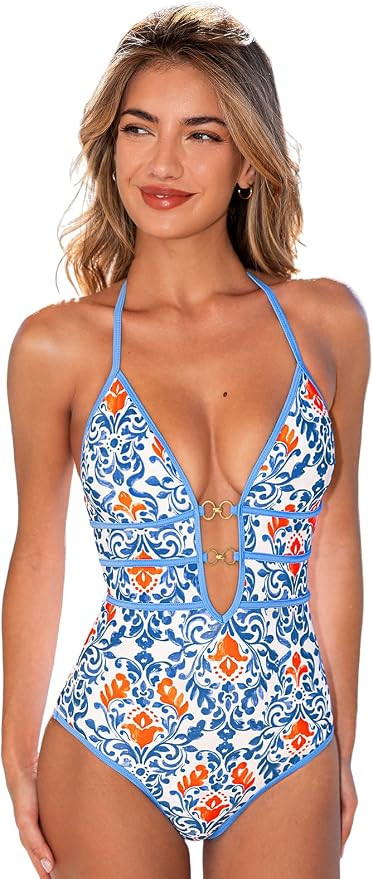 CUPSHE Women's One Piece Swimsuit Halter Plunging Neck Cutout Back Bathing Suit Spaghetti Adjusta... | Amazon (US)