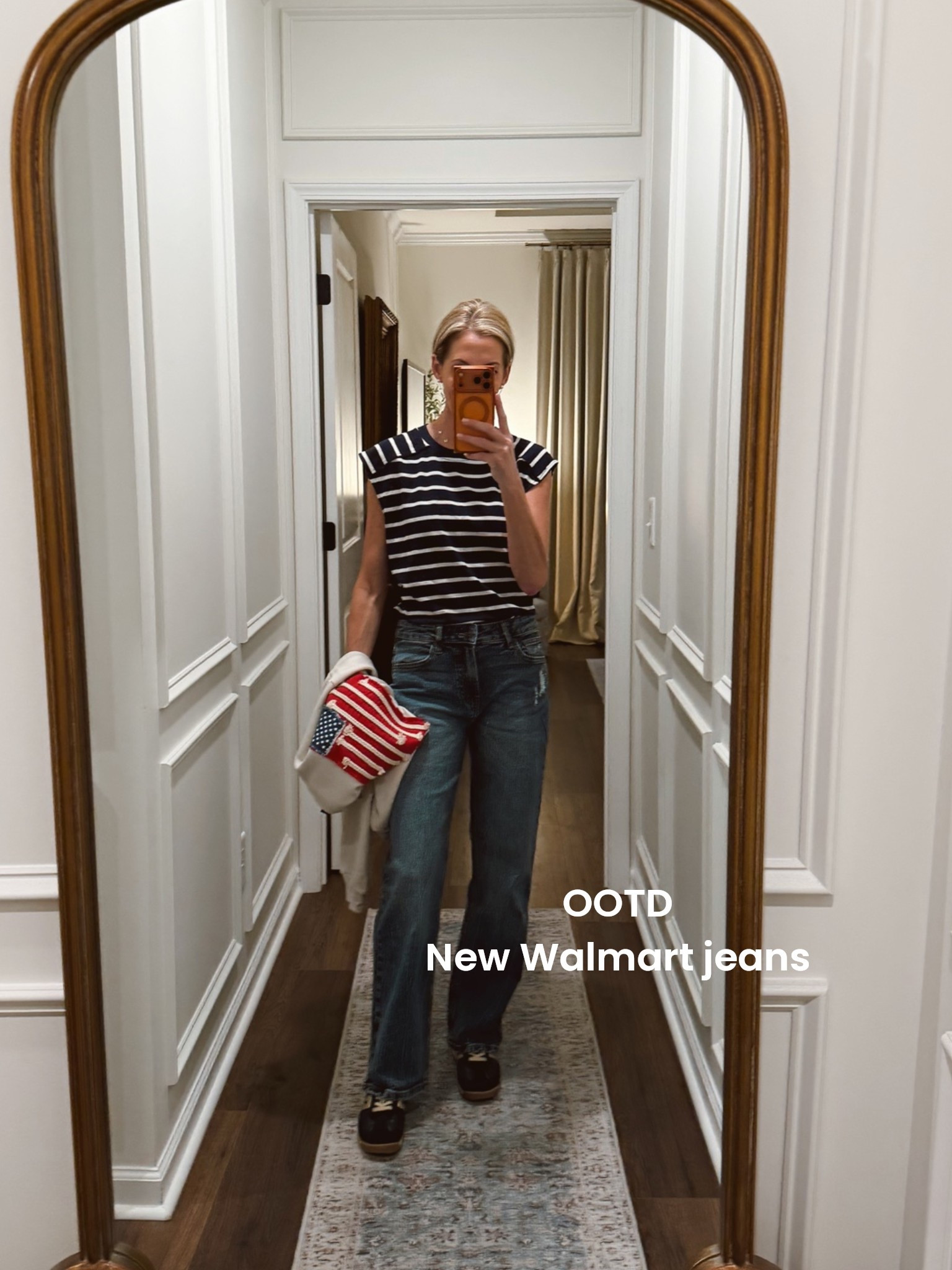 Today’s OOTD are these new Walmart- cute striped top, and this viral flag sweatshirt all under $30. 
Size extra small in top
Size small in sweatshirt 
Size one in jeans