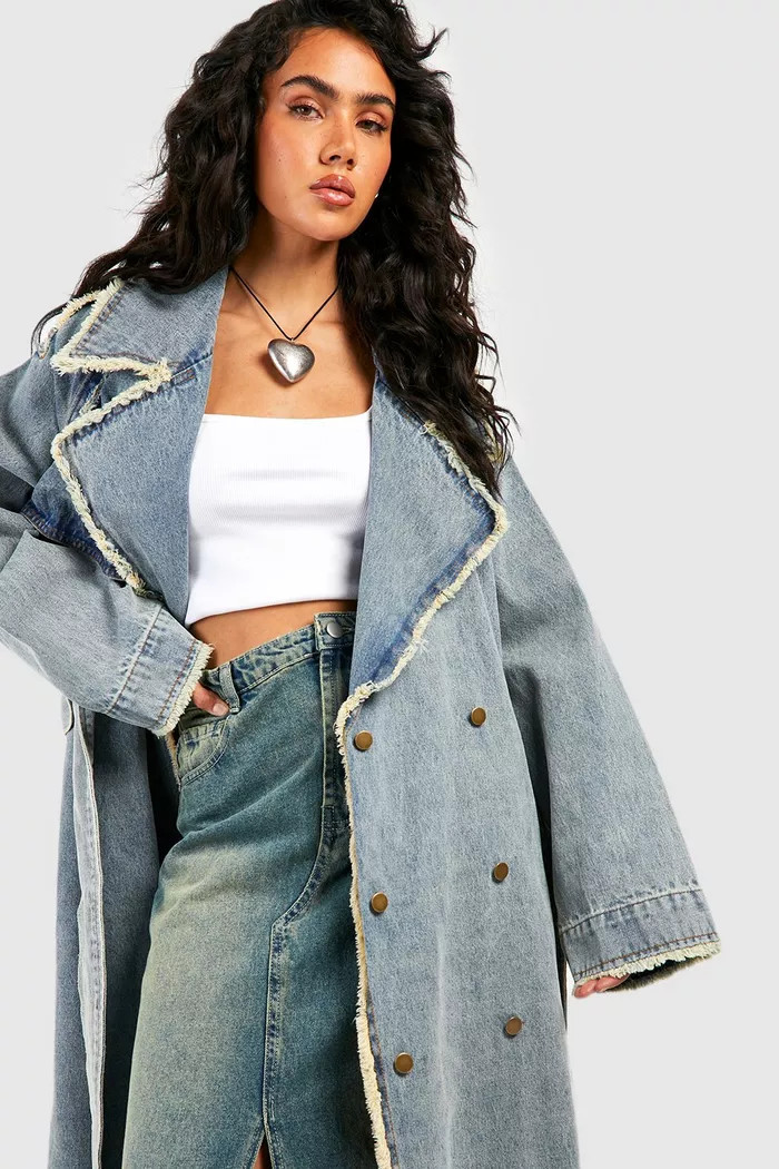 Premium Fray Hem Denim Trench Coat | Boohoo.com (UK & IE)