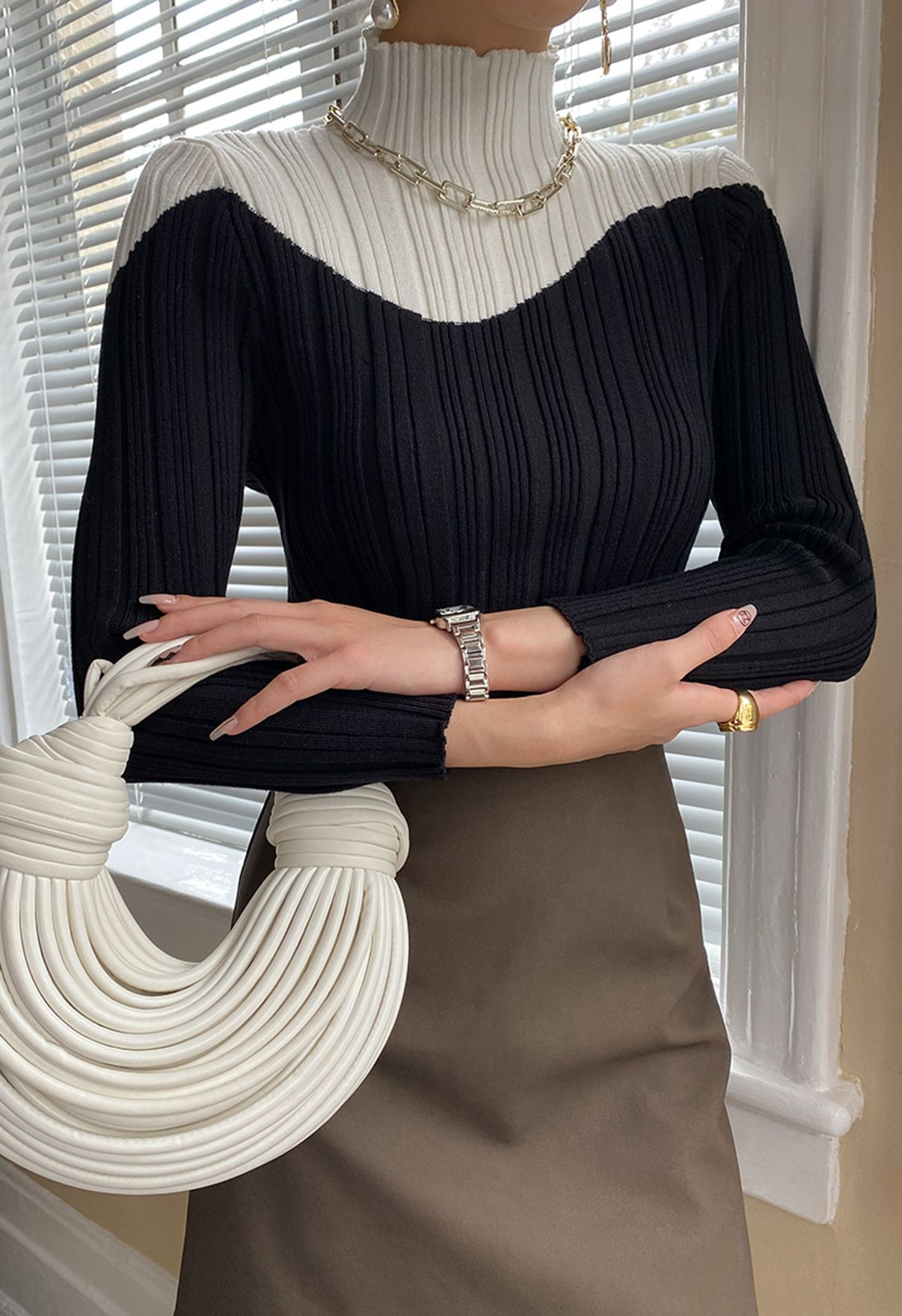 Contrast Mock Neck Knit Top in Black | Chicwish