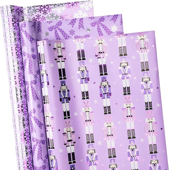 RUSPEPA Purple Christmas Wrapping Paper Set, Mini Roll, Gold Foil Nutcracker Soldier, Snowflake a... | Amazon (US)