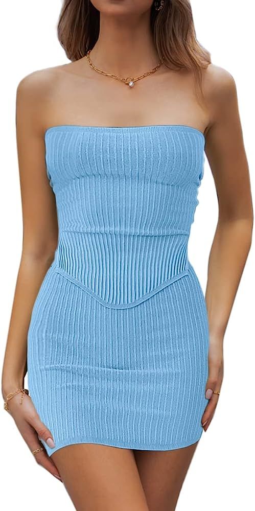 CHYRII Womens Sexy Summer Two Piece Outfits Bandeau Going Out Crop Tops Bodycon Skirt Sets Mini D... | Amazon (US)