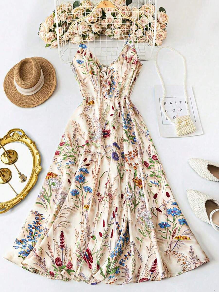 Trelyra Vestido de línea A con estampado floral y tirantes con lazo para mujer, elegante para va... | SHEIN