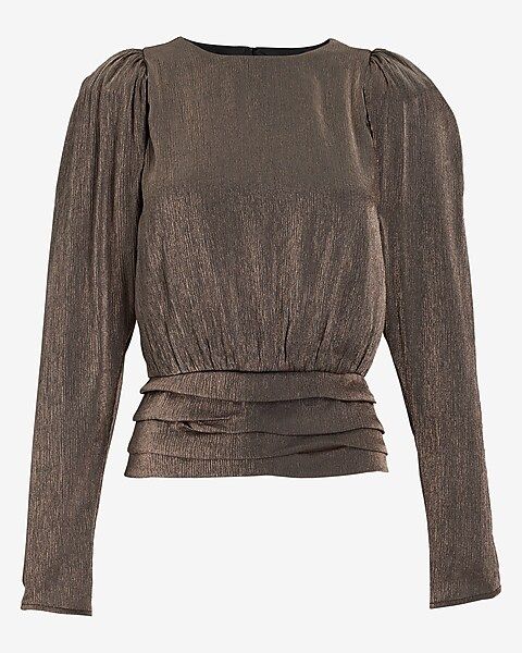 Metallic Crew Neck Puff Sleeve Banded Bottom Top | Express