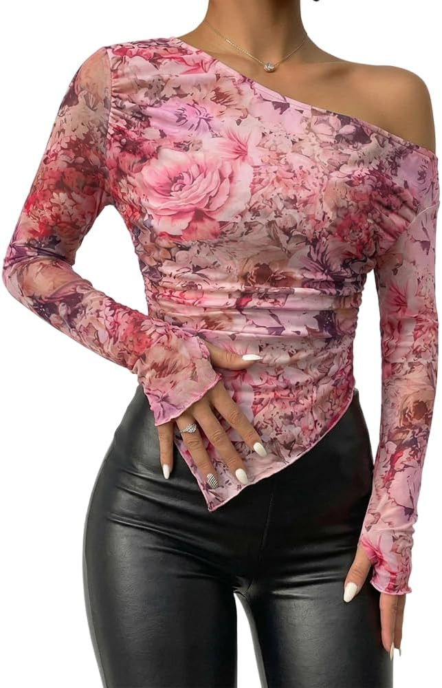 CHICME Womens Floral Mesh Long Sleeve Tops Off Shoulder See Through Fitted Asymmetrical Sexy Shee... | Amazon (US)