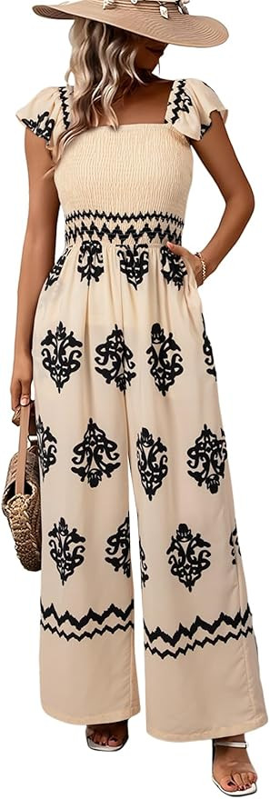 Happy Sailed Womens Holiday Jumpsuits Overalls Retro Print Cap Sleeve High Waist Wide Leg Romper ... | Amazon (US)