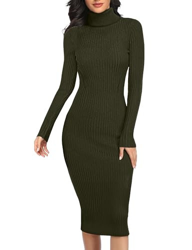 v28 Women Long Turtleneck Knit Stretchable Elasticity Long Sleeve Slim Fit Sweater Dress(S,Olive) | Amazon (US)