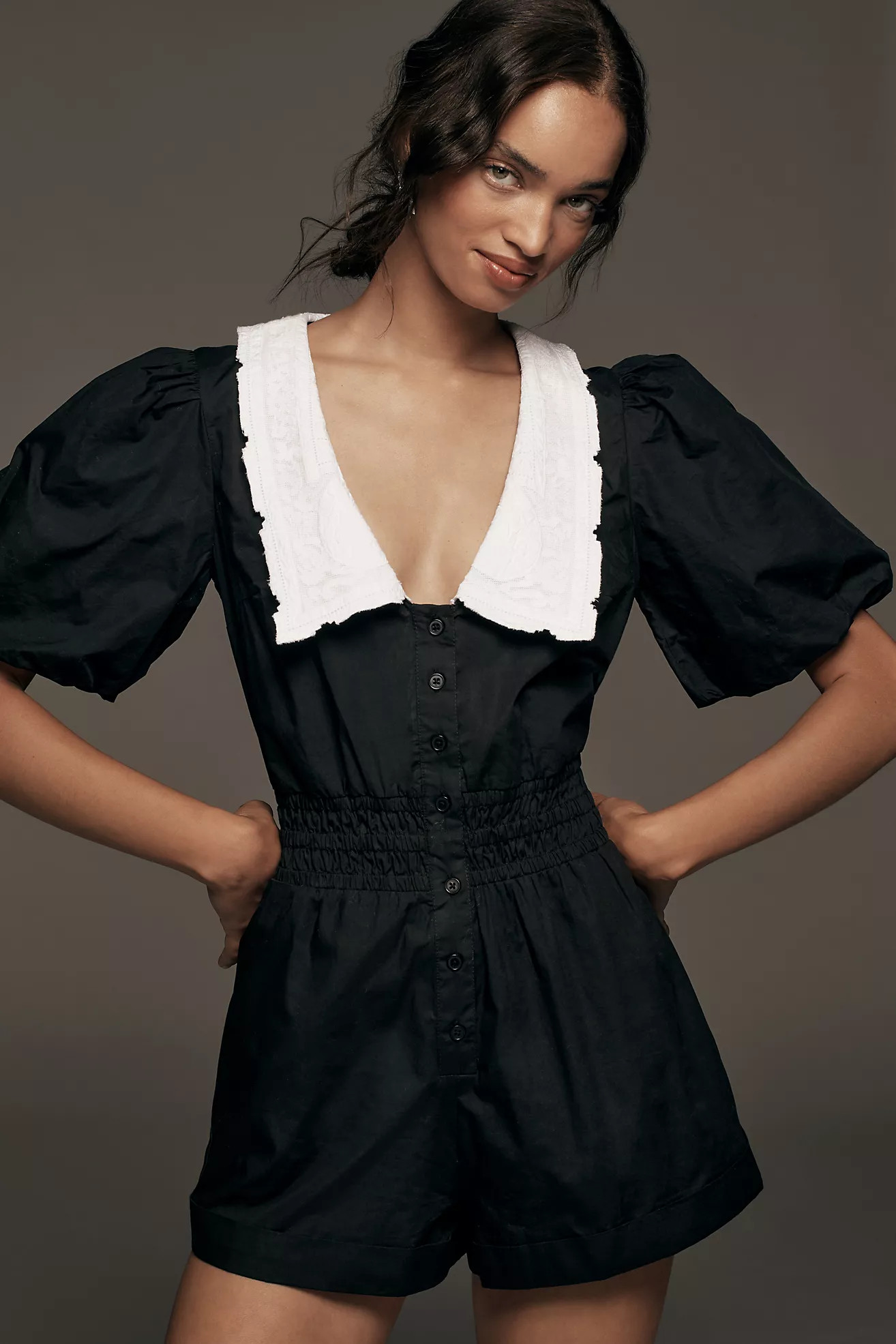 By Anthropologie Puff-Sleeve Collared V-Neck Playsuit | Anthropologie (UK)