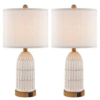 Haslett 22 in. Milky White Resin Table Lamp Set with Linen Shade and 2 USB Ports (Set of 2) | The Home Depot