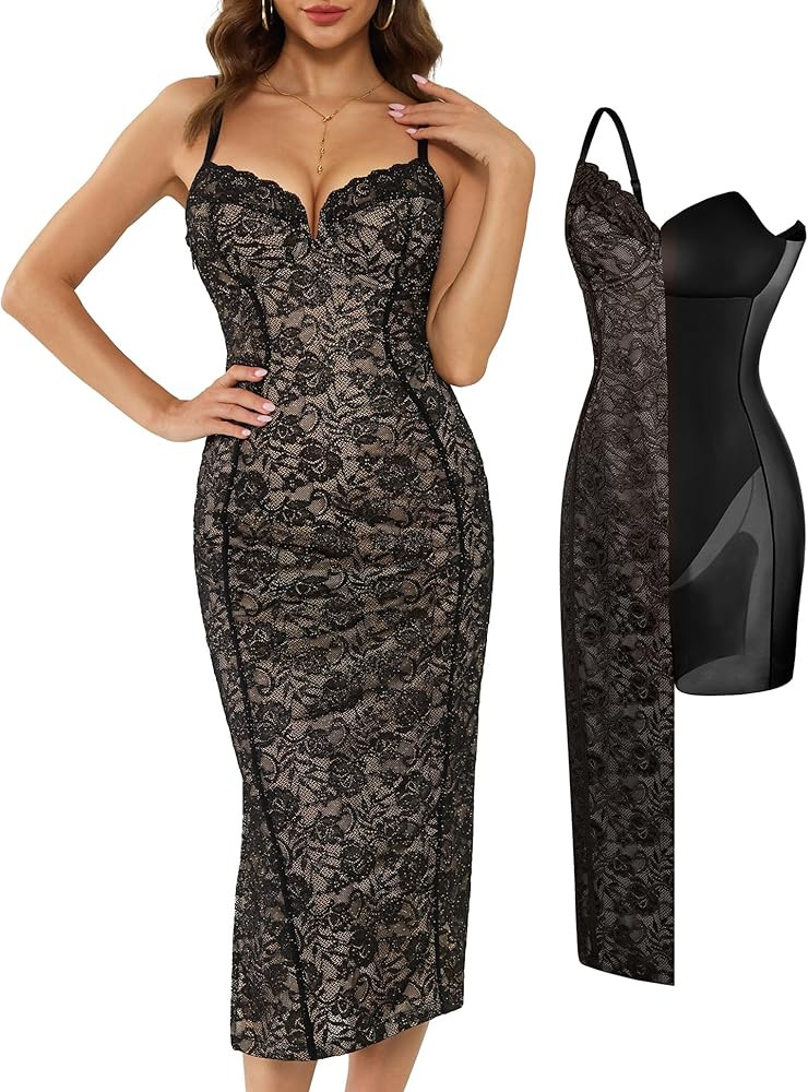 Popilush Built in Shapewear Lace Midi Dress Women's Deep V Neck Sleeveless Formal Wedding Guest C... | Amazon (US)