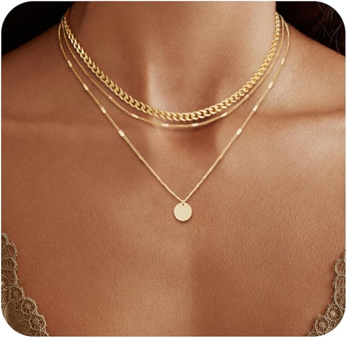 14K Gold Plated Layering Necklaces For Women Gold Necklace Set, Cuban Link, Snake Chain, Papercli... | Amazon (US)