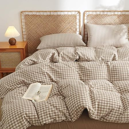 SUSYBAO Tan Gingham Duvet Cover Queen 100% Washed Cotton Beige Plaid Duvet Cover Set 3 Pieces Set... | Amazon (US)