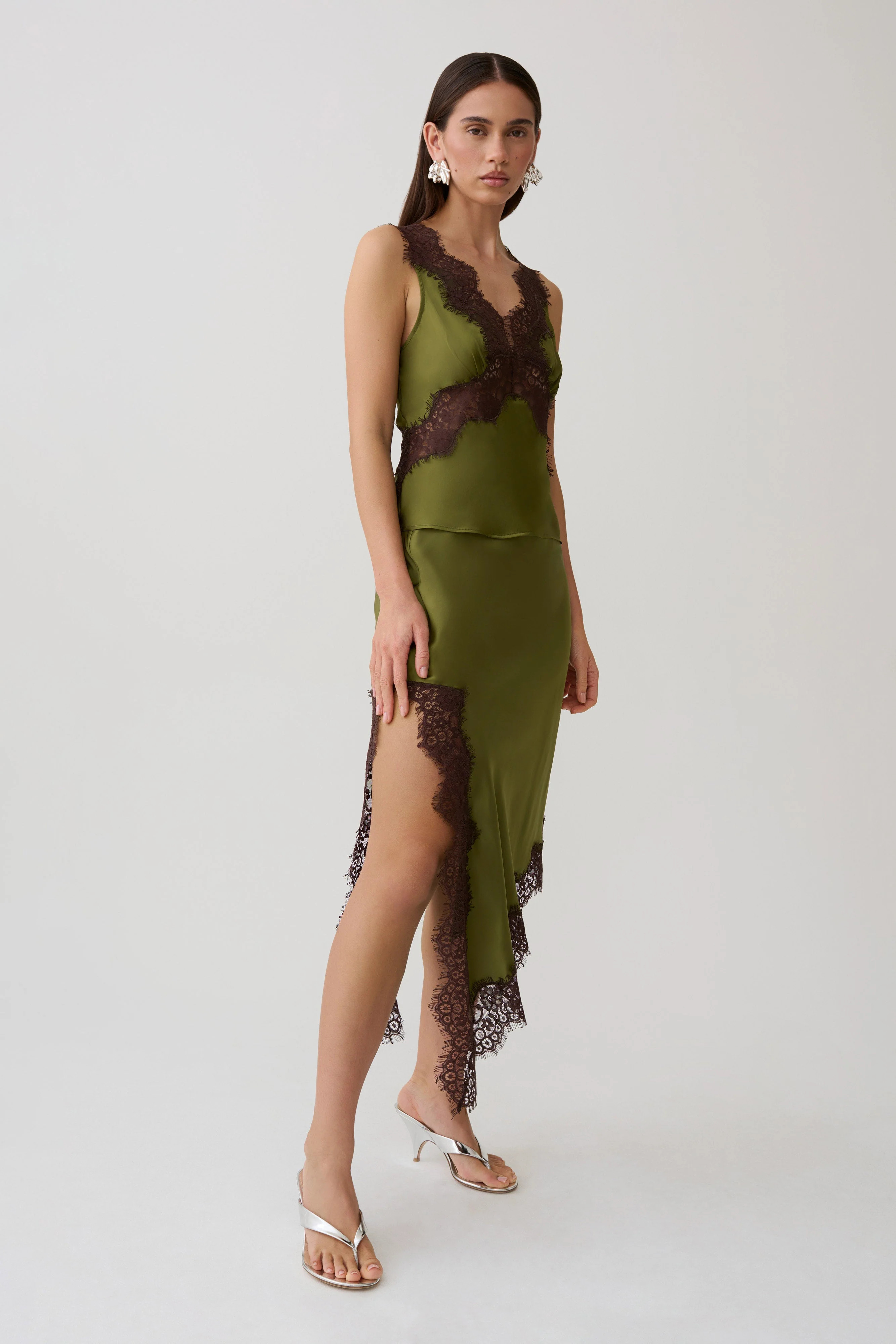 Amber Satin And Lace Camisole - Olive | MESHKI US