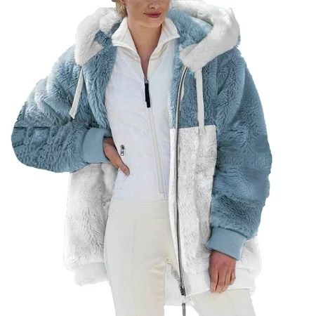 Color Block Fleece Jacket For Women With Hood Fuzzy Long Sleeve Winter Coats With Pockets Zip Up Plu | Walmart (US)