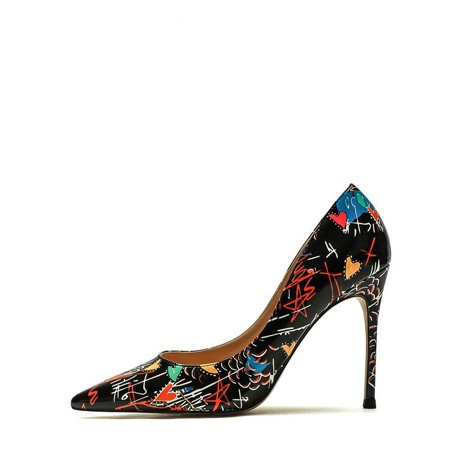 Thin-heeled pointed colored graffiti black patent leather crow | Walmart (US)