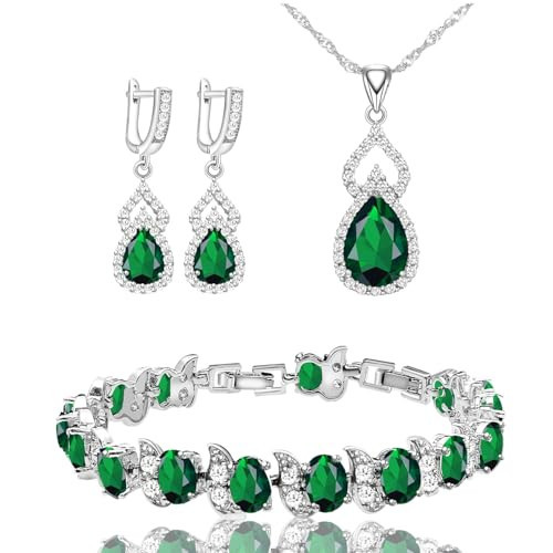 LMXXVJ Created Green Emerald Jewelry Set for Women, White CZ Earring Necklace Bracelet Set Mother’s Day Formal Jewelry Gifts for Mom/Wife/Sister/Best Friend,Silver-Tone | Amazon (US)