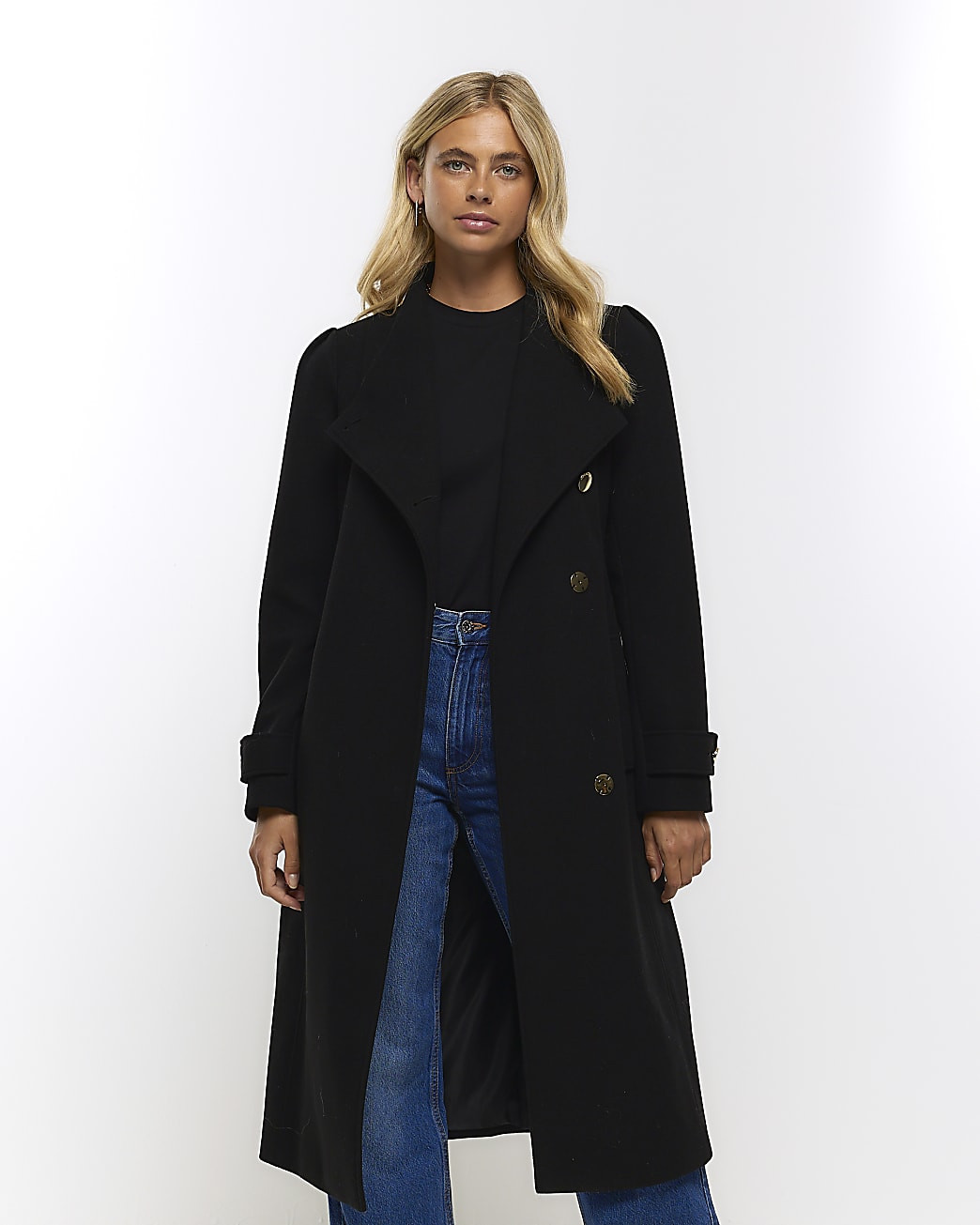 Black Fall Away Wrap Coat | River Island (US)