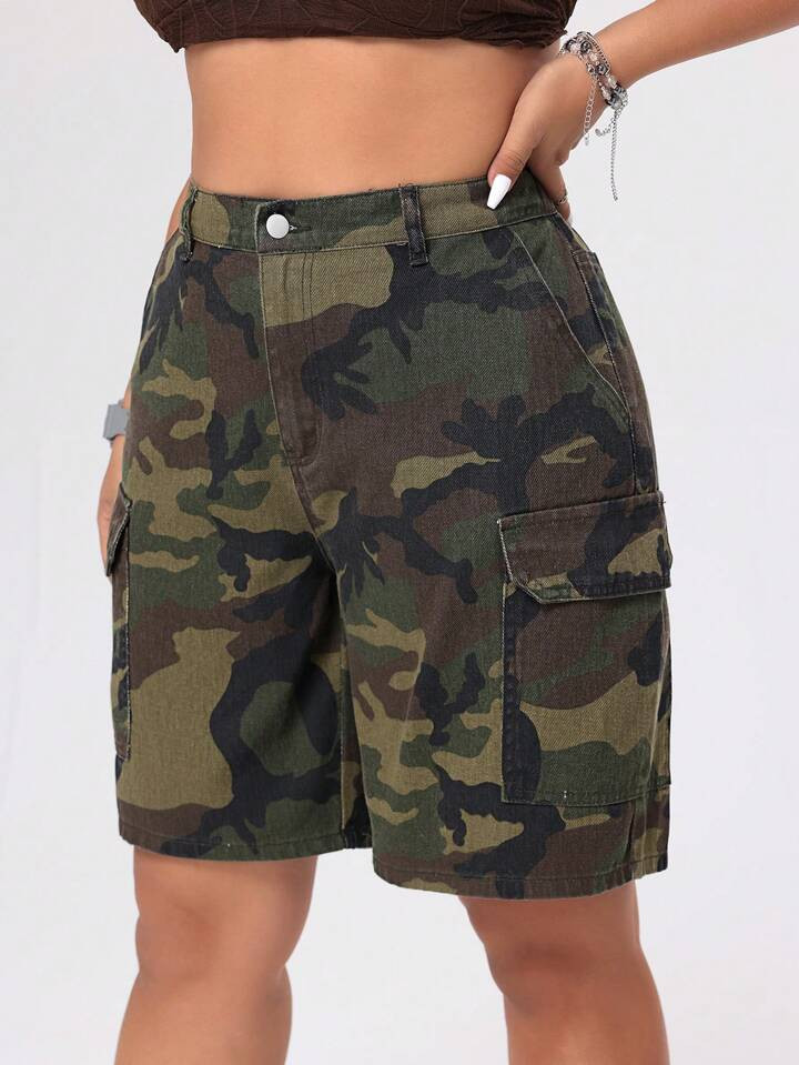 SHEIN ICON Plus Size Camo Work Style Denim Shorts | SHEIN