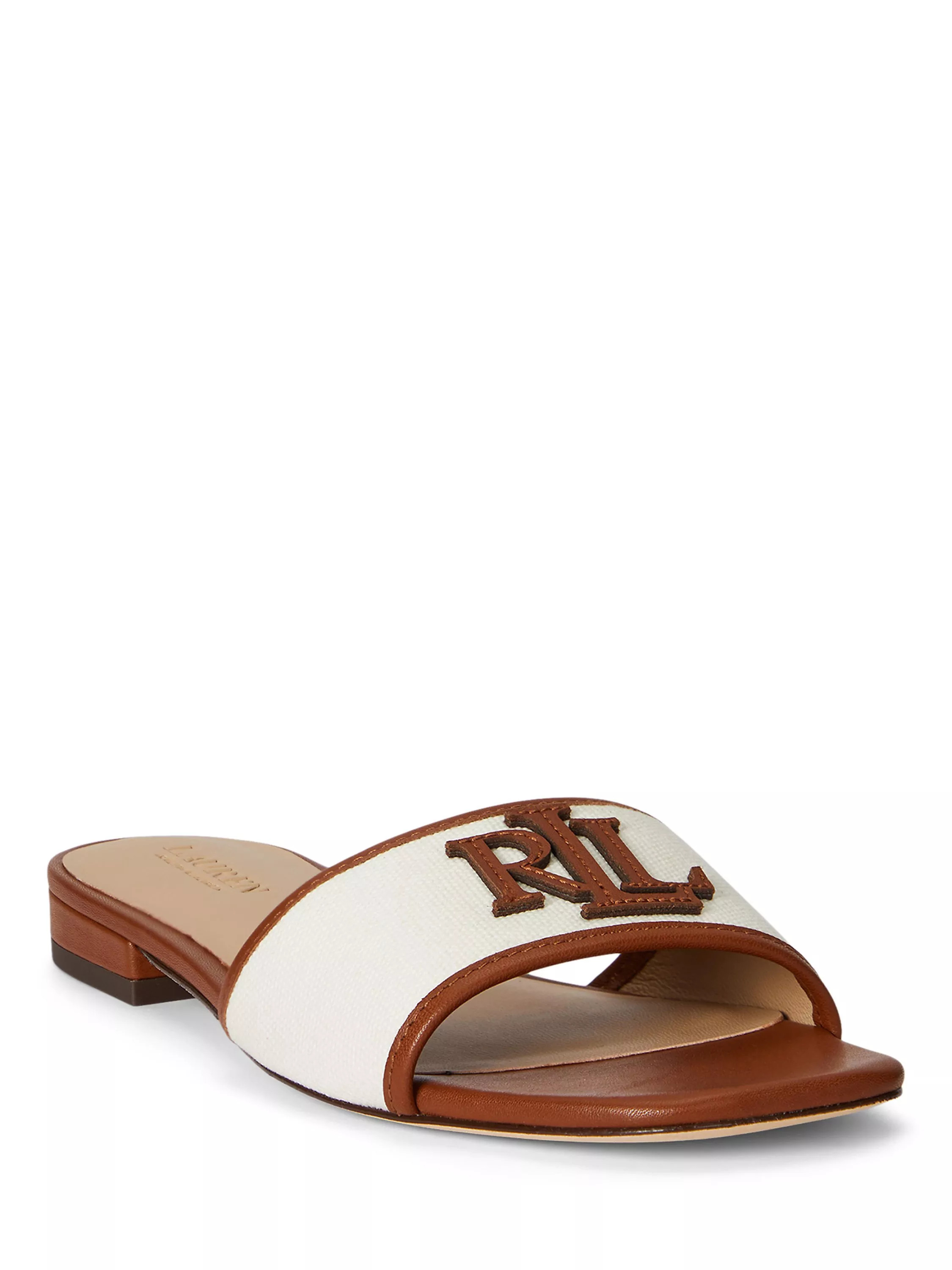 Lauren Ralph Lauren Everley Leather Trim Canvas Slide Sandals, Natural/Lauren Tan | John Lewis (UK)