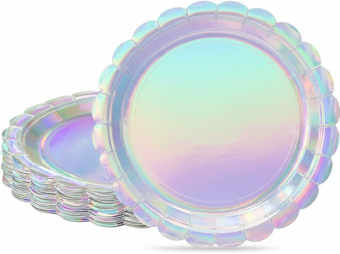 NatNarr 30 Pack Iridescent Plates, 7" Holographic Dessert Cake Plates | Small Scalloped Iridescen... | Amazon (US)