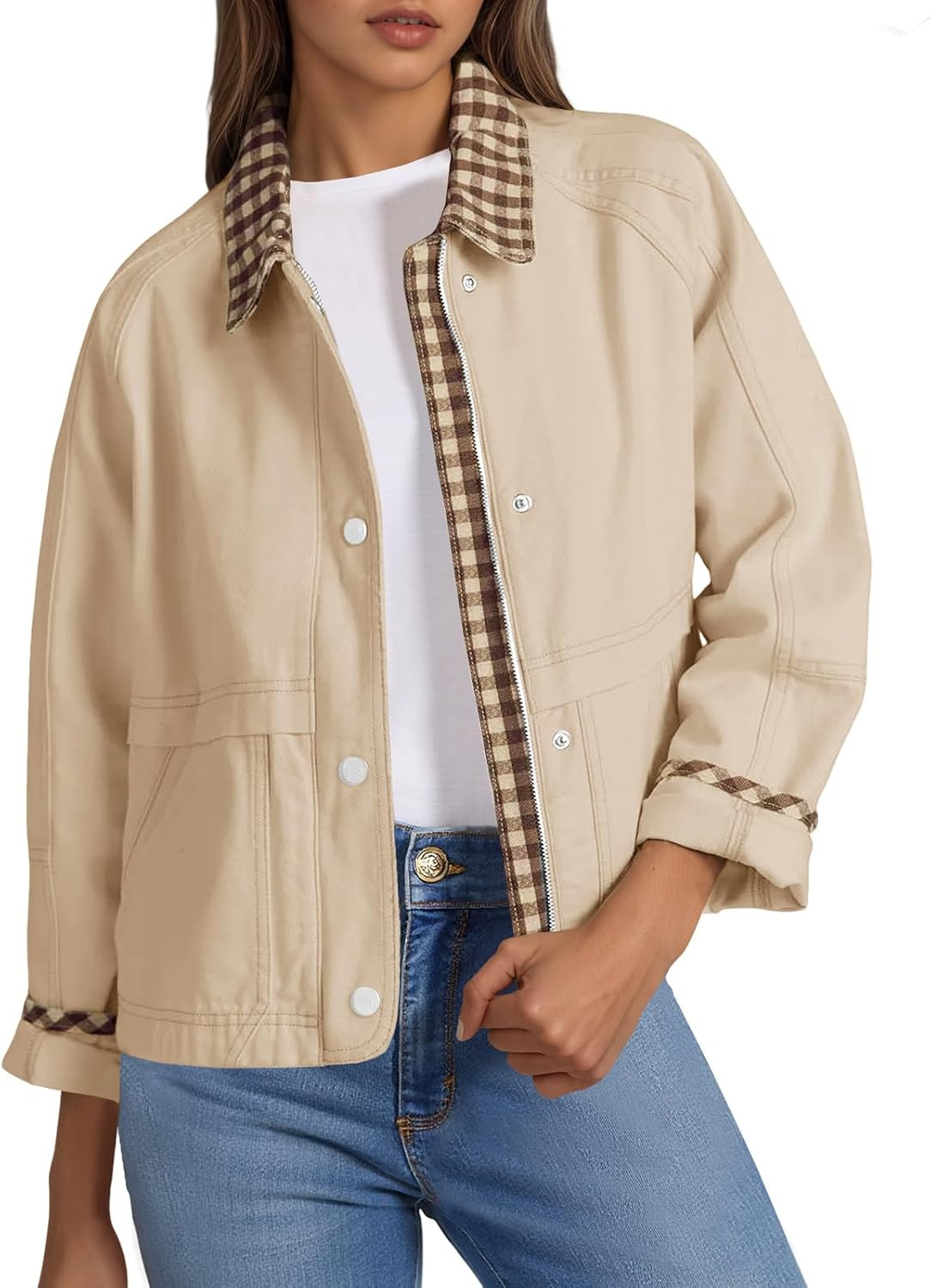 Tankaneo Womens Cropped Barn Jacket Zip Up Lightweight Contrast Plaid Coat | Cozy Warm Lining, Side Pockets, Fall Outerwear, Casual Daily Outing, Versatile Layering Piece | Amazon (US)