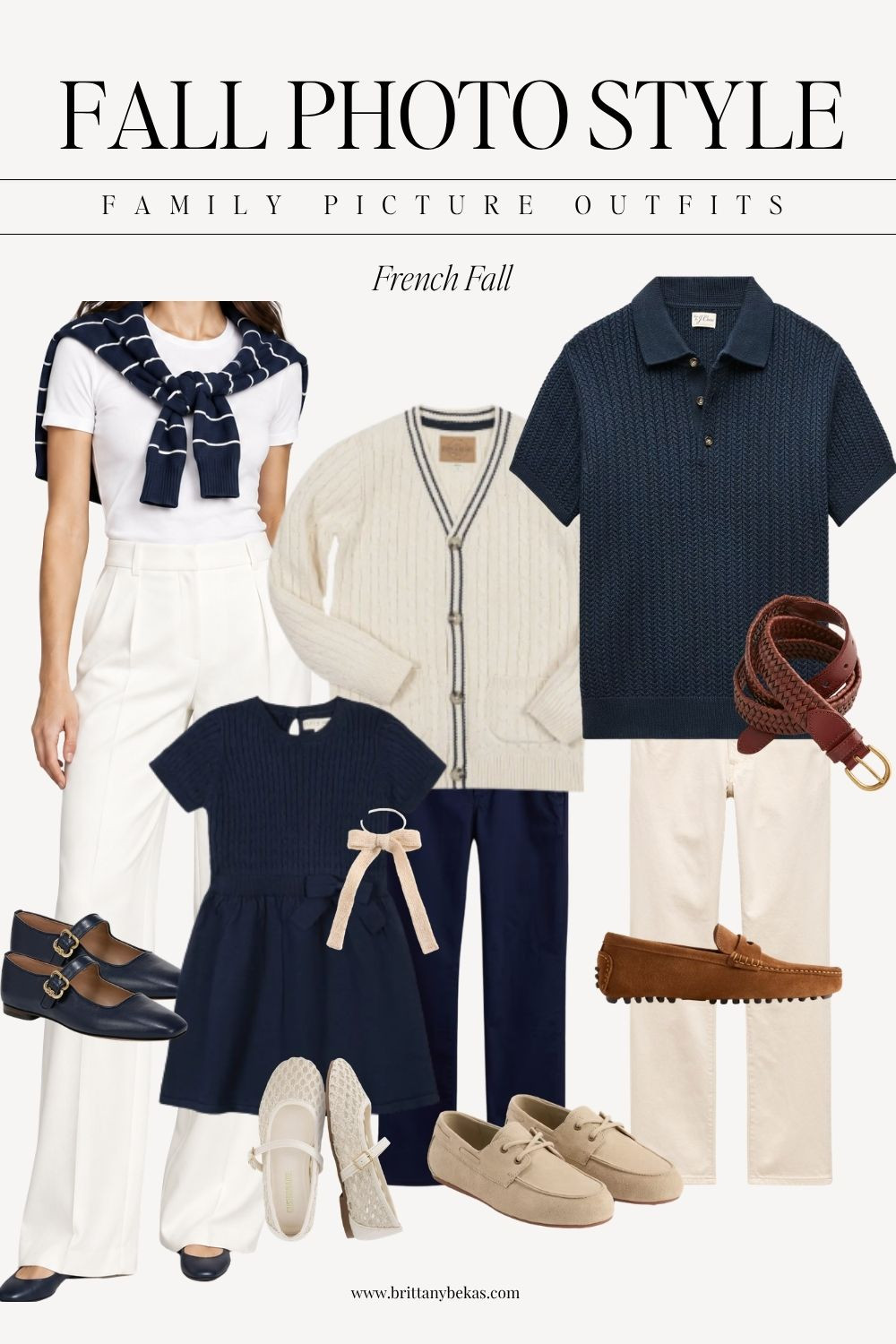 A classic navy and cream family photo palette with a polished preppy feel. Think knit polos, ivory trousers, loafers and simple layers. This would photograph beautifully for East Coast fall photos, beach portraits or a more timeless family session.