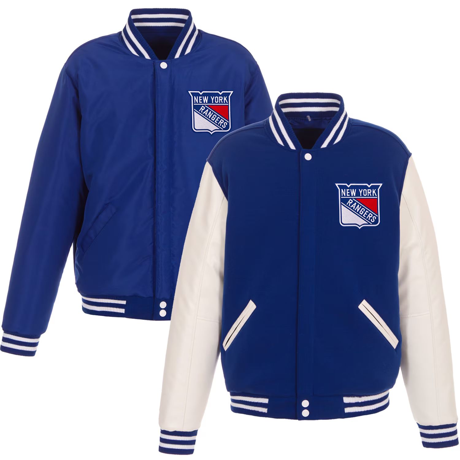 Men's New York Rangers JH Design Royal/White Reversible Fleece Jacket with Faux Leather Sleeves | NHL Shop