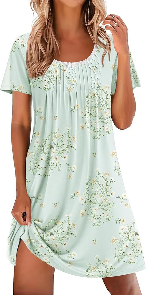 Ekouaer Nightgowns for Women Pleated Sleep Shirts Short Sleeve Night Shirts Lace Trim Night Gown ... | Amazon (US)