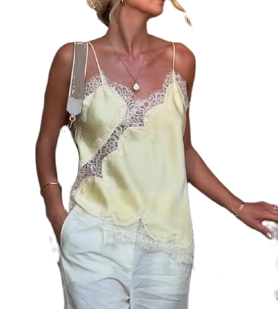 Women Satin Lace Cami Tops Y2k Asymmetrical Camisole Sexy Spaghetti Strap Side Slit Tank Top Tren... | Amazon (US)