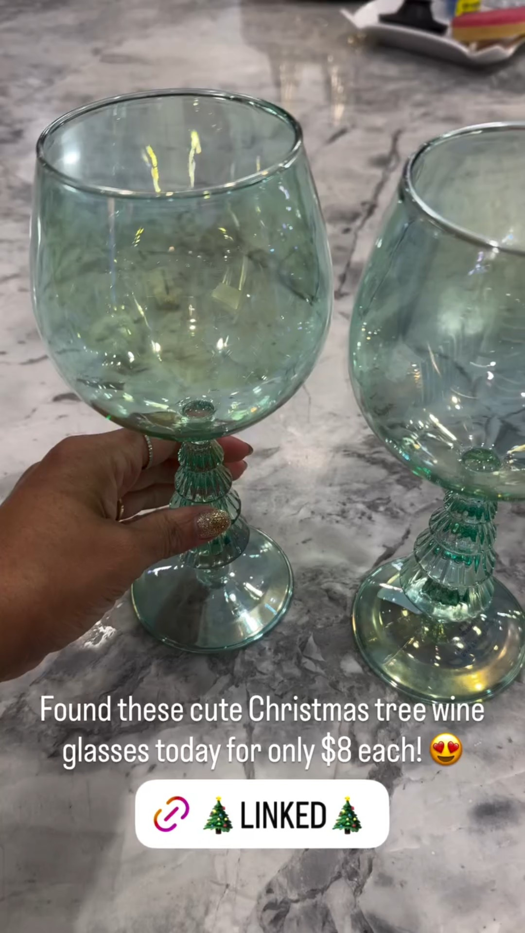 Found these cute Christmas tree wine glasses today for only $8 each! 😍