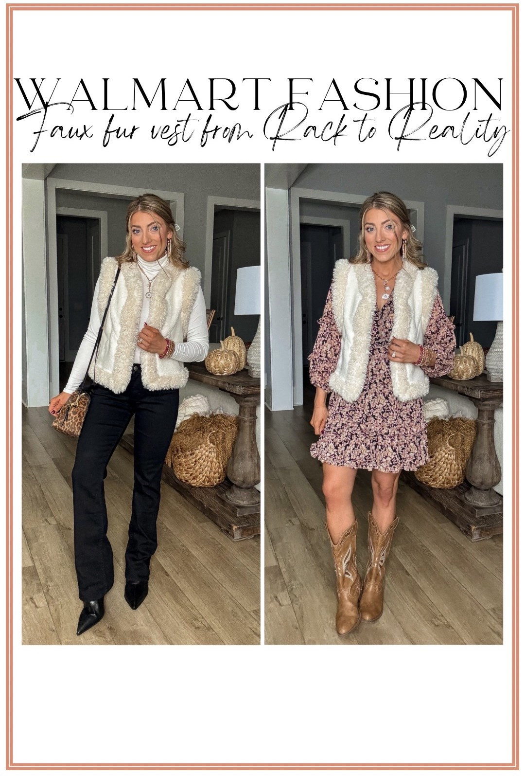 ✨ Walmart Fashion: Faux Fur Vest Styled Two Ways ✨
Taking this new Walmart faux fur vest from rack to reality and showing just how versatile it truly is! I styled it two completely different ways so you can see how effortlessly it works for everyday fall outfits and dressier weekend looks.

First look: keeping it classic with a turtleneck and black denim for a chic, polished vibe.
Second look: pairing the vest with a floral dress and boots for the cutest boho-western outfit.

This vest is soft, cozy, affordable, and one of those pieces you’ll reach for all season long! 🤍
#WalmartFashion #WalmartFinds #FallOutfits #AffordableStyle #FauxFurVest #RackToReality #LTKFall #LTKStyle #WalmartStyle #EverydayOutfits #FallFashion2025