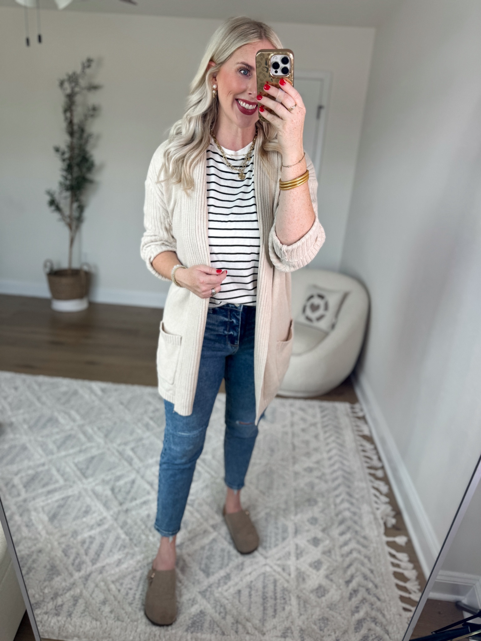 Daily try on, Walmart outfit, Walmart fashion, Walmart try on, time and tru, shawl collar cardigan, striped tee, clogs 

Medium in both tops 

#LTKStyleTip #LTKSeasonal #LTKFindsUnder50